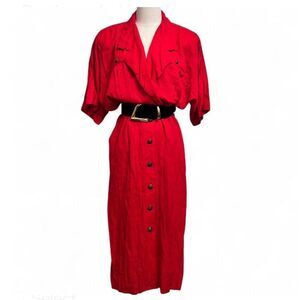 Womens Vintage Red Button Down Rayon Short Sleeve Midi Dress by STUDIO 1 - Sz 16